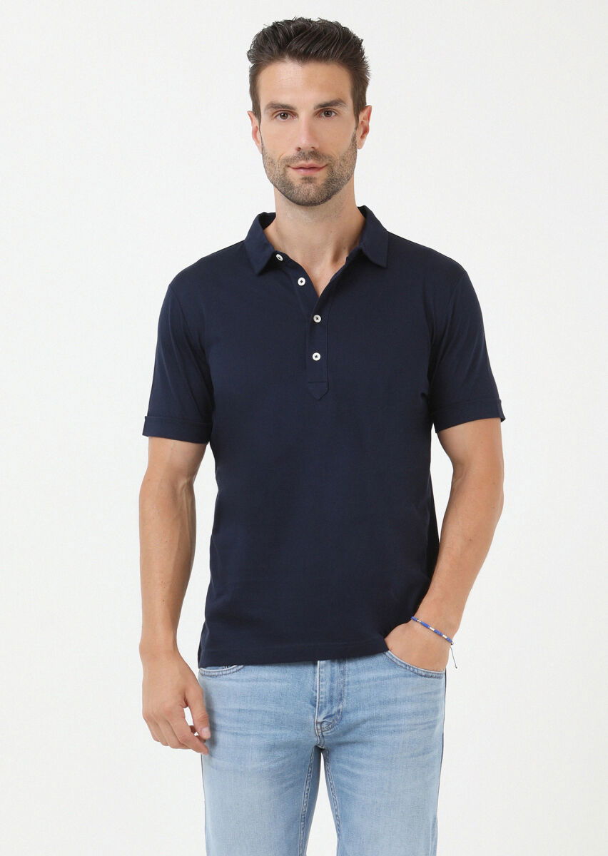 Lacivert Jakarlı Polo Yaka %100 Pamuk T-Shirt - 2