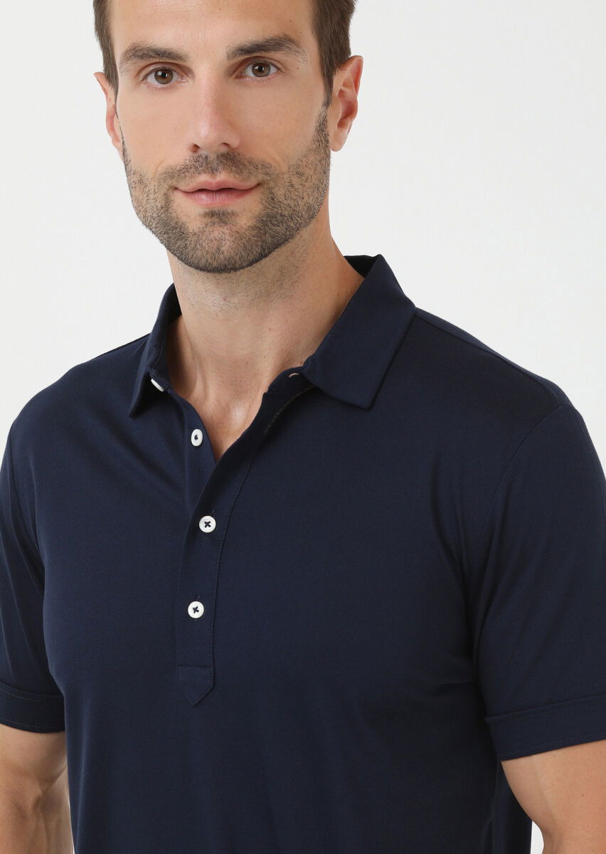 Lacivert Jakarlı Polo Yaka %100 Pamuk T-Shirt - 3