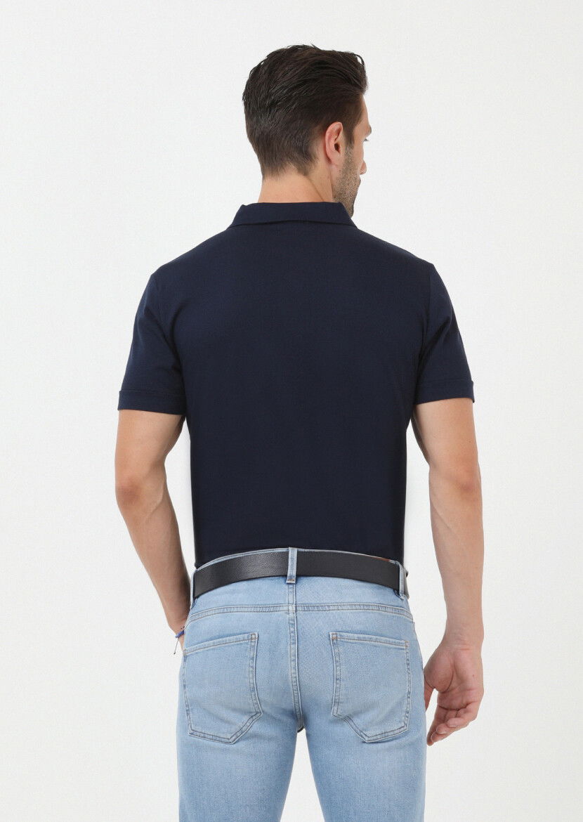 Lacivert Jakarlı Polo Yaka %100 Pamuk T-Shirt - 4
