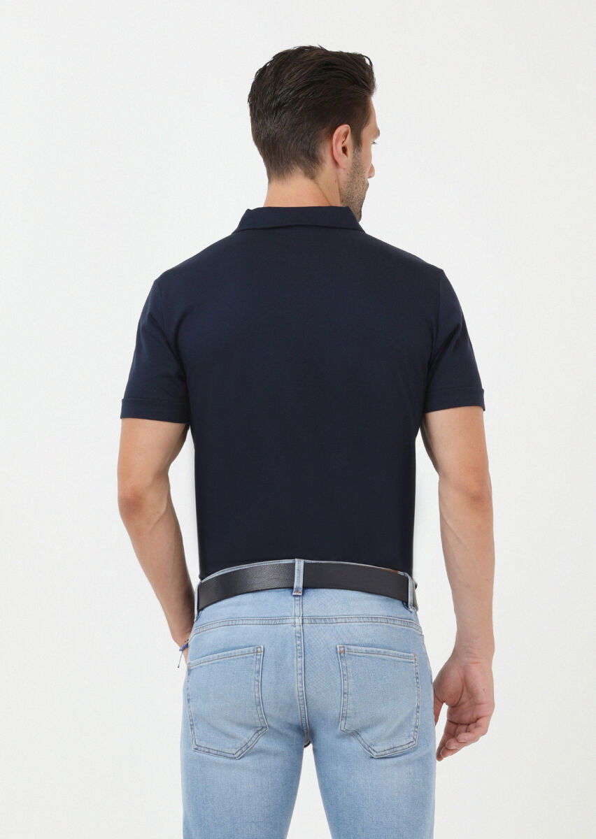 Lacivert Jakarlı Polo Yaka %100 Pamuk T-Shirt - 4
