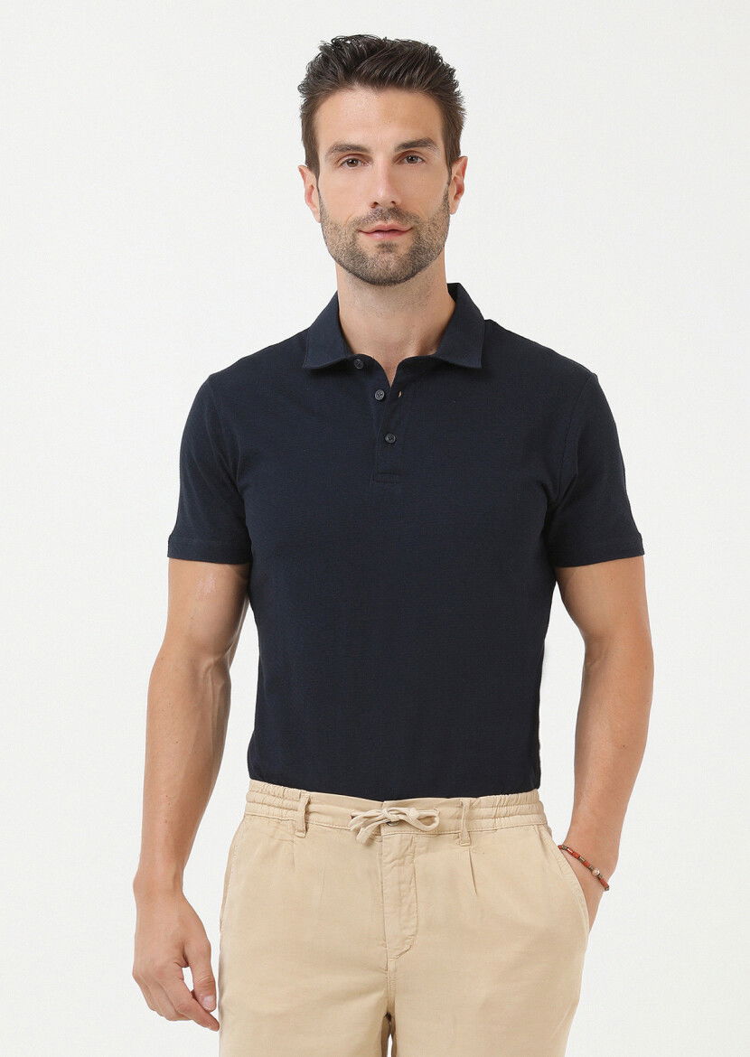 Lacivert Jakarlı Polo Yaka %100 Pamuk T-Shirt - 1