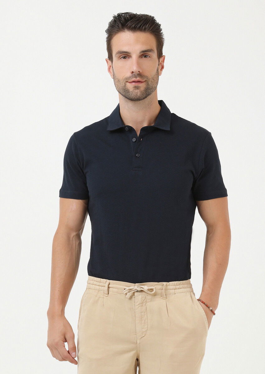 Lacivert Jakarlı Polo Yaka %100 Pamuk T-Shirt - 1