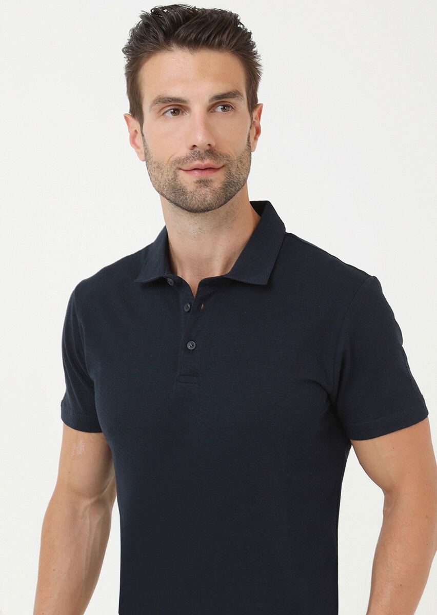 Lacivert Jakarlı Polo Yaka %100 Pamuk T-Shirt - 2