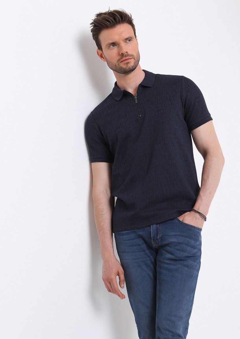 Lacivert Jakarlı Polo Yaka Pamuk Karışımlı T-Shirt 