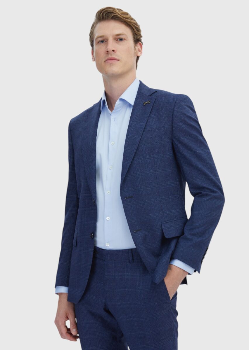 Lacivert Kareli Modern Fit %100 Yün Takım Elbise - 3