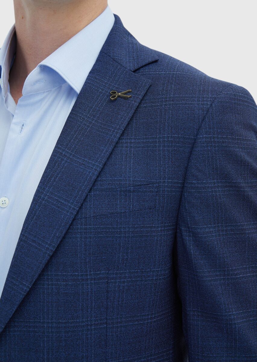 Lacivert Kareli Modern Fit %100 Yün Takım Elbise - 5