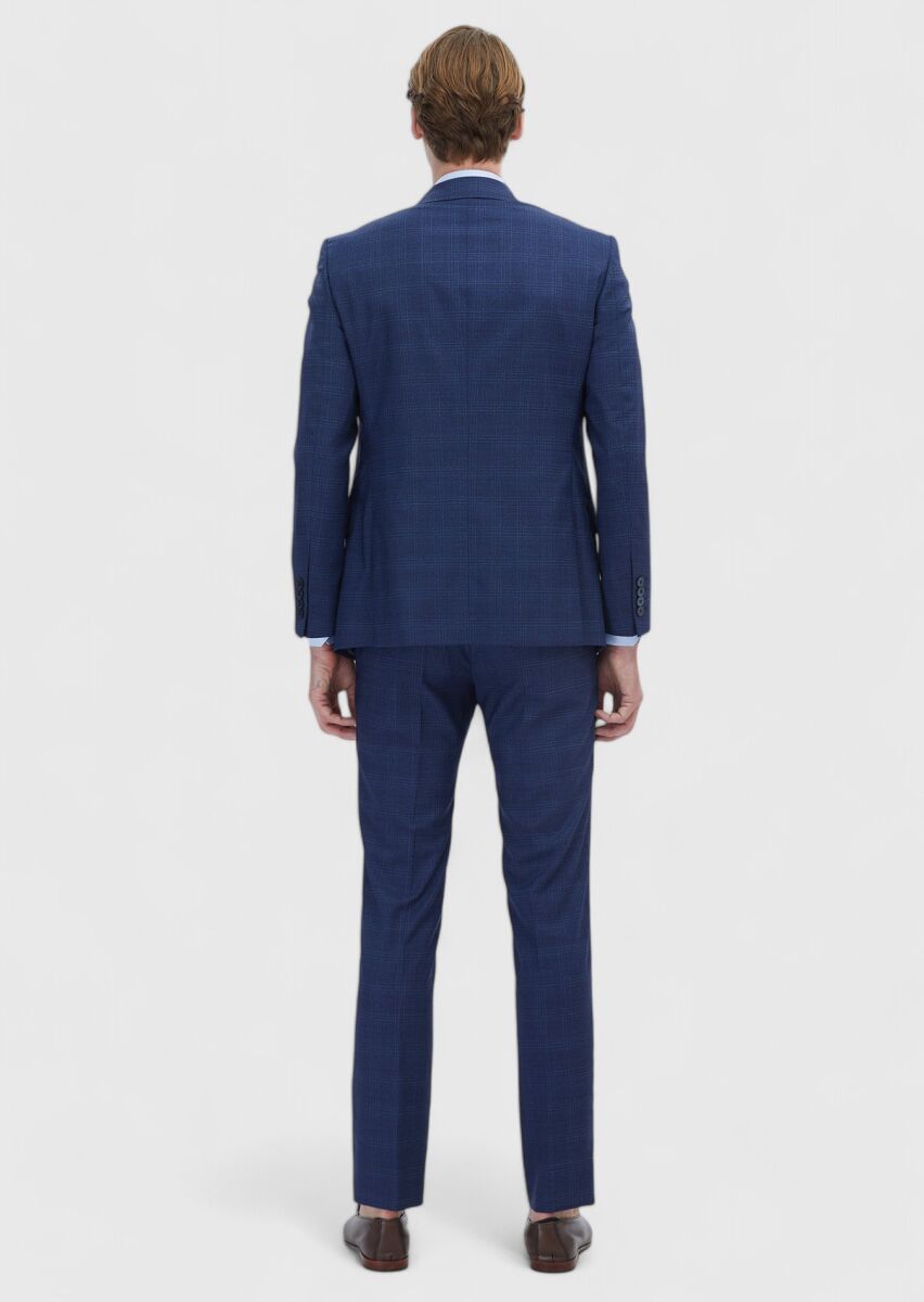 Lacivert Kareli Modern Fit %100 Yün Takım Elbise - 6