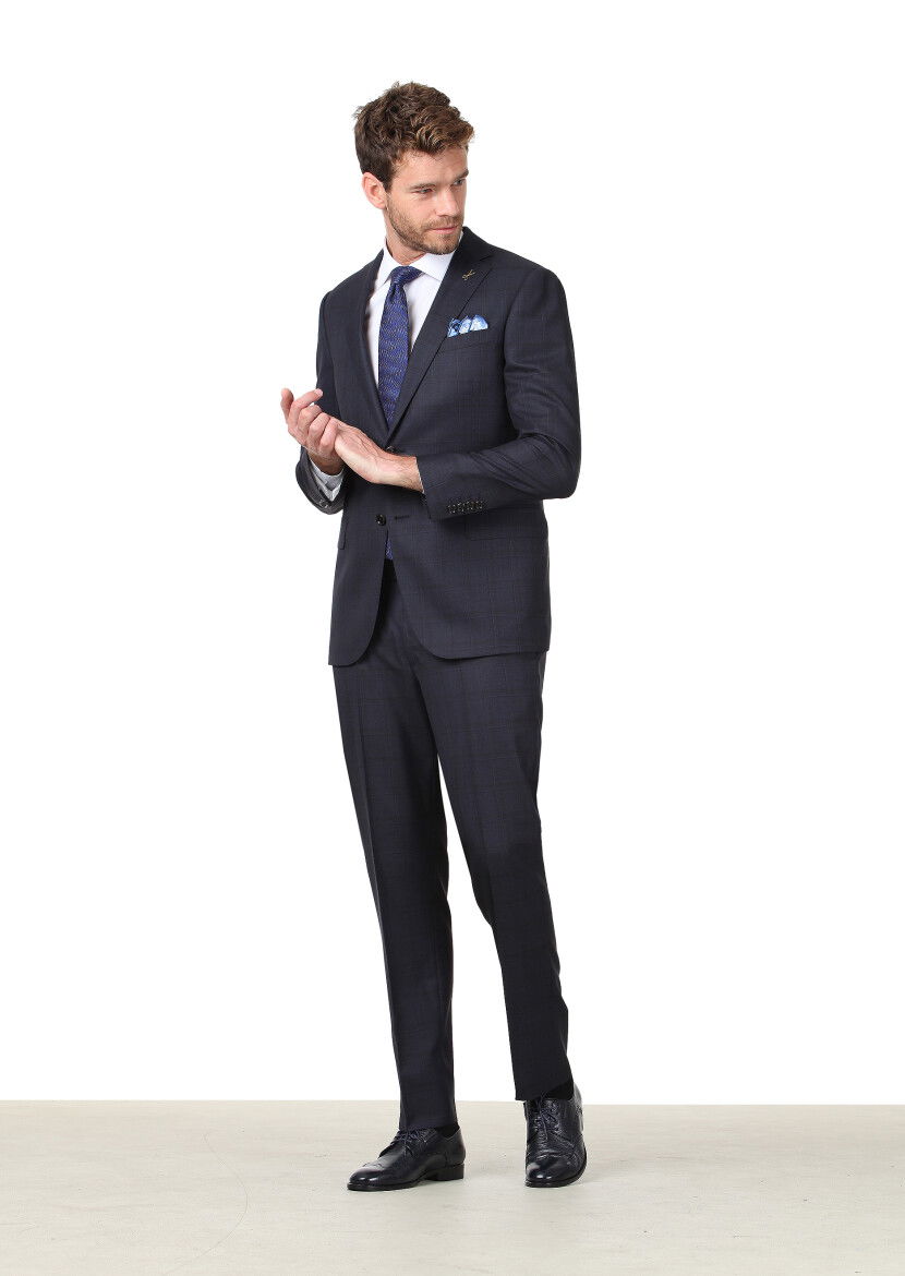 Lacivert Kareli Regular Fit %100 Yün Takım Elbise - 1