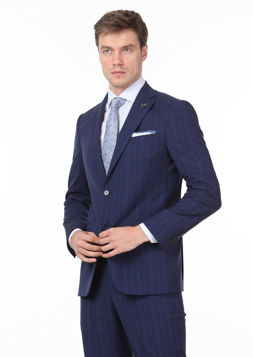 Lacivert Kareli Regular Fit %100 Yün Takım Elbise - 1