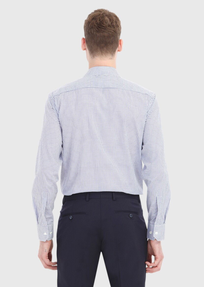 Lacivert Kareli Regular Fit Dokuma Klasik %100 Pamuk Gömlek - 4