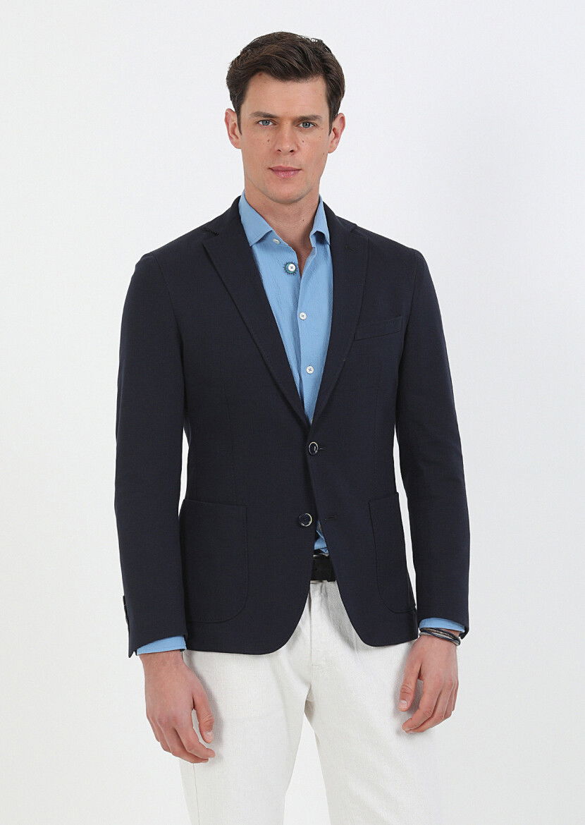 Lacivert Kareli Shirt Shoulder Slim Fit Pamuk Karışımlı Örme Ceket - 1