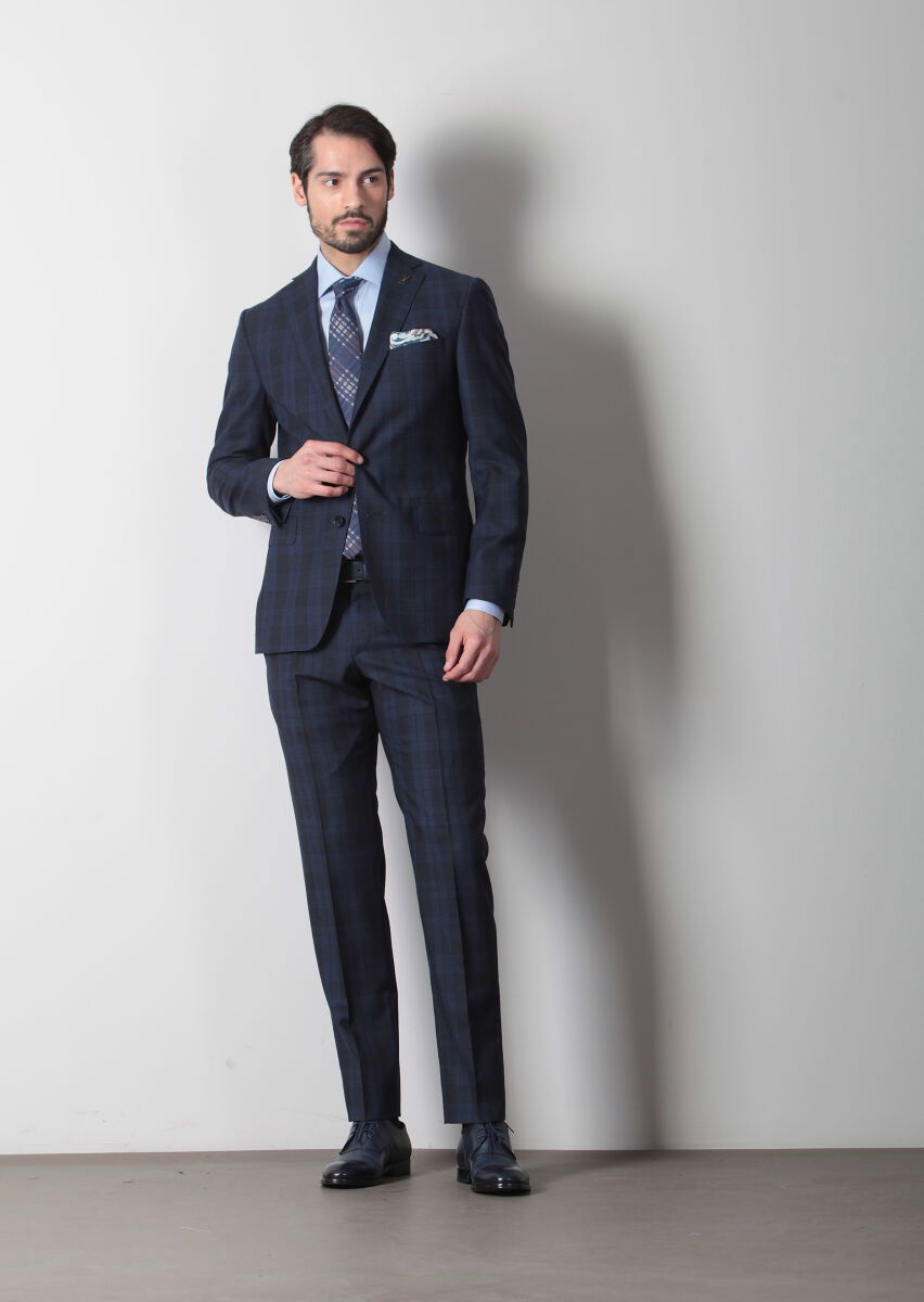 Lacivert Kareli Zeroweight Slim Fit %100 Yün Takım Elbise - 1