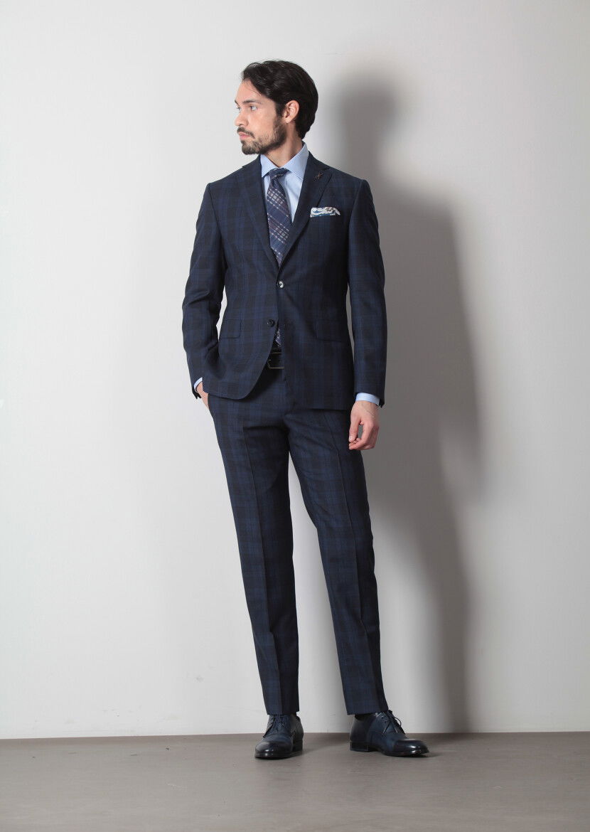 Lacivert Kareli Zeroweight Slim Fit %100 Yün Takım Elbise - 2