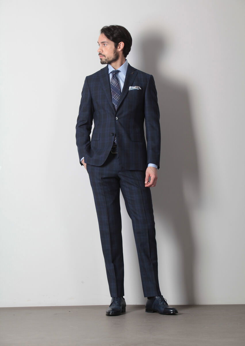 Lacivert Kareli Zeroweight Slim Fit %100 Yün Takım Elbise - 2