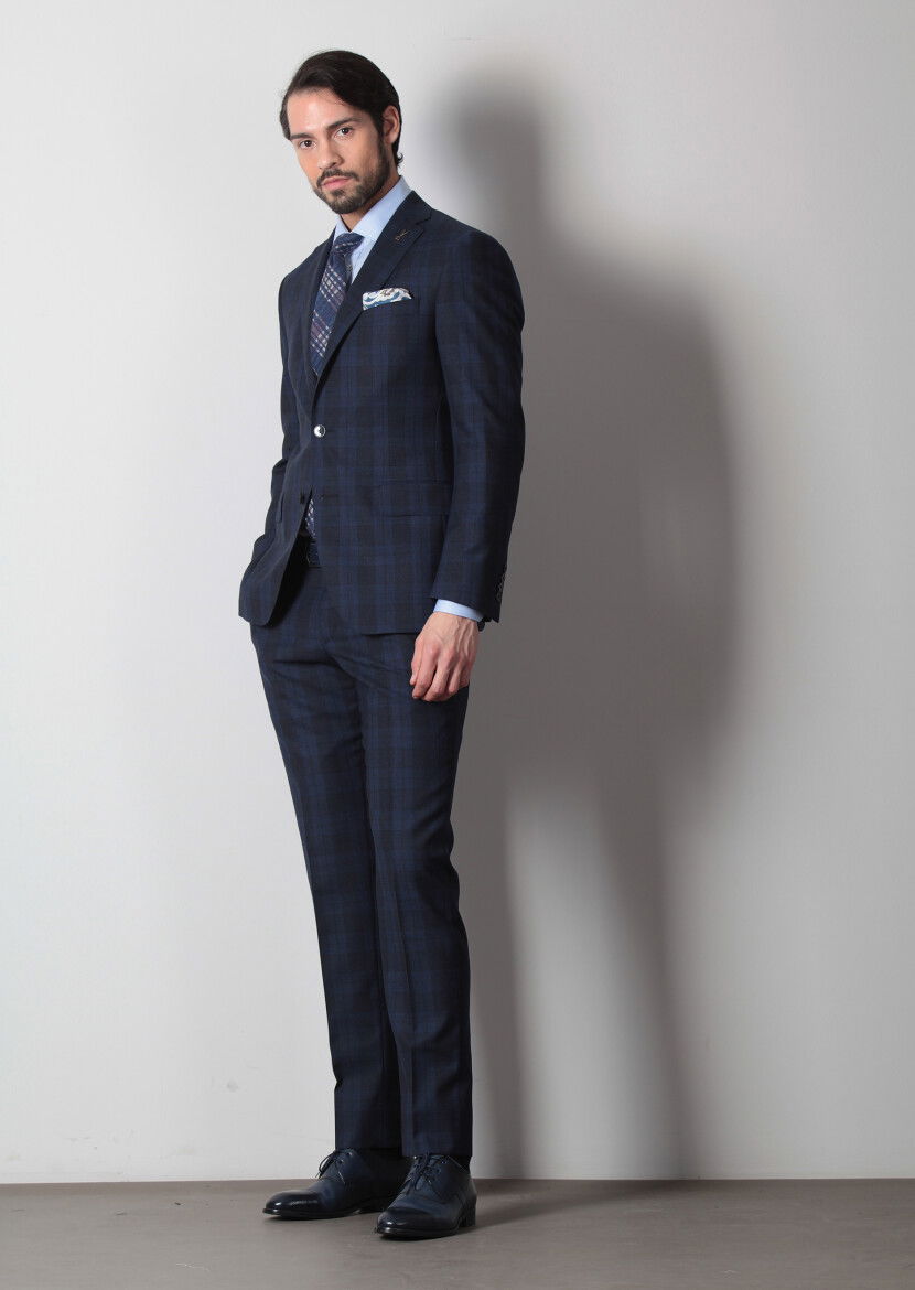 Lacivert Kareli Zeroweight Slim Fit %100 Yün Takım Elbise - 3