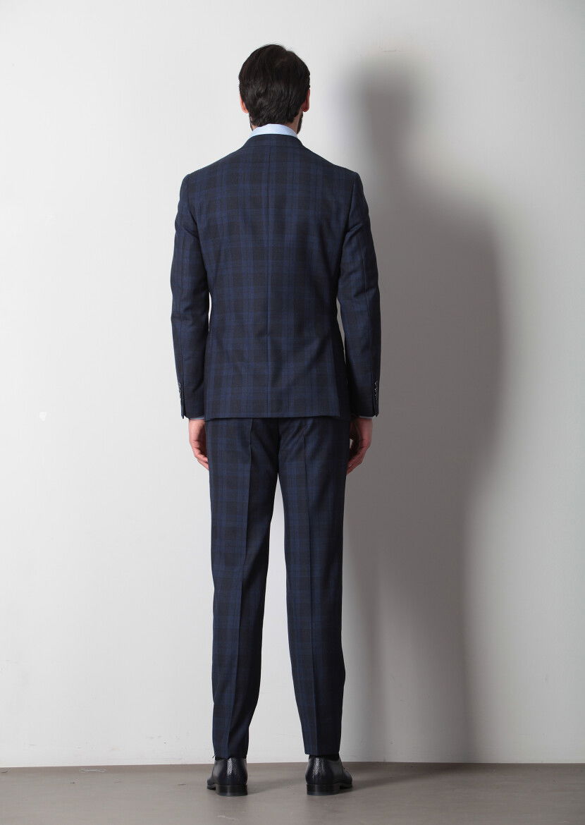 Lacivert Kareli Zeroweight Slim Fit %100 Yün Takım Elbise - 5