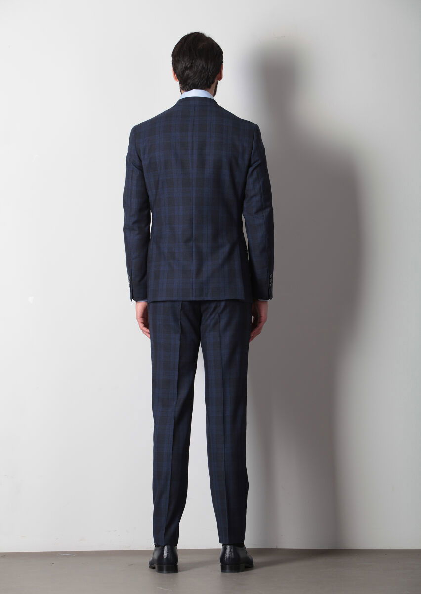Lacivert Kareli Zeroweight Slim Fit %100 Yün Takım Elbise - 5
