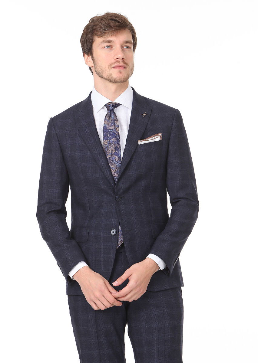Lacivert Kareli Zeroweight Slim Fit %100 Yün Takım Elbise - 1