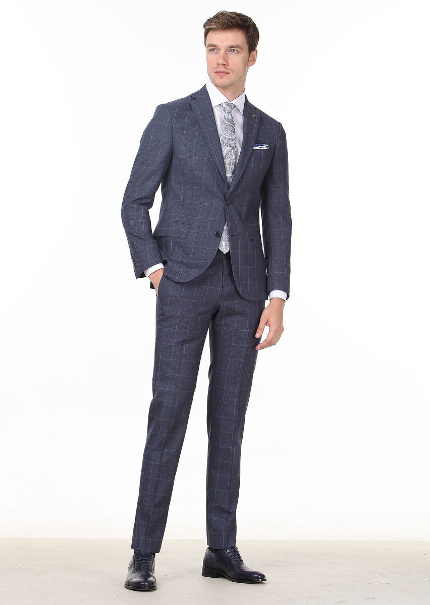 Lacivert Kareli Zeroweight Slim Fit %100 Yün Takım Elbise - 1