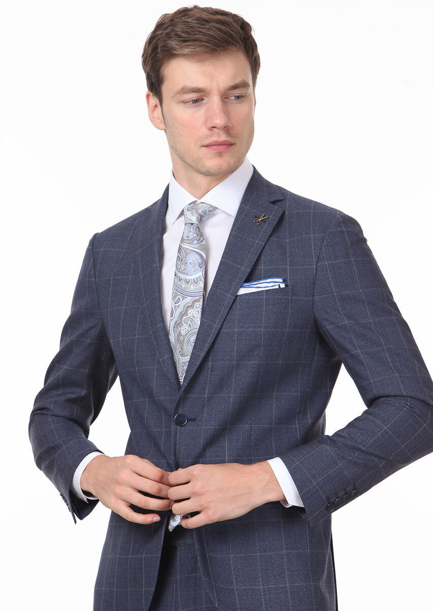 Lacivert Kareli Zeroweight Slim Fit %100 Yün Takım Elbise - 2