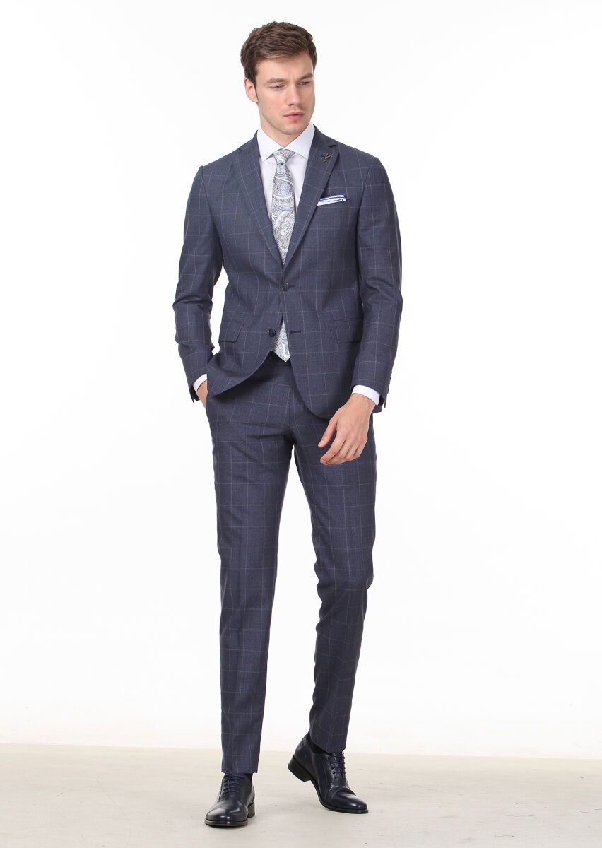 Lacivert Kareli Zeroweight Slim Fit %100 Yün Takım Elbise - 3