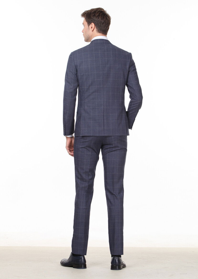 Lacivert Kareli Zeroweight Slim Fit %100 Yün Takım Elbise - 4