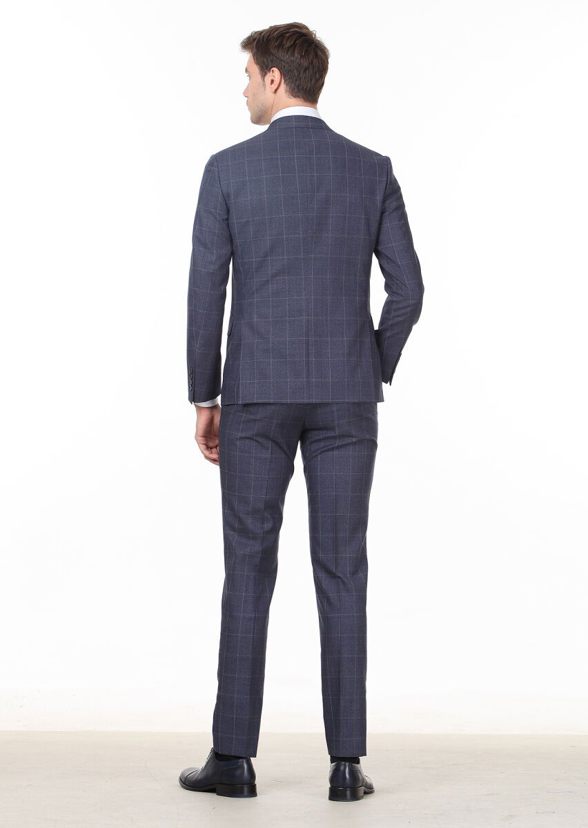 Lacivert Kareli Zeroweight Slim Fit %100 Yün Takım Elbise - 4