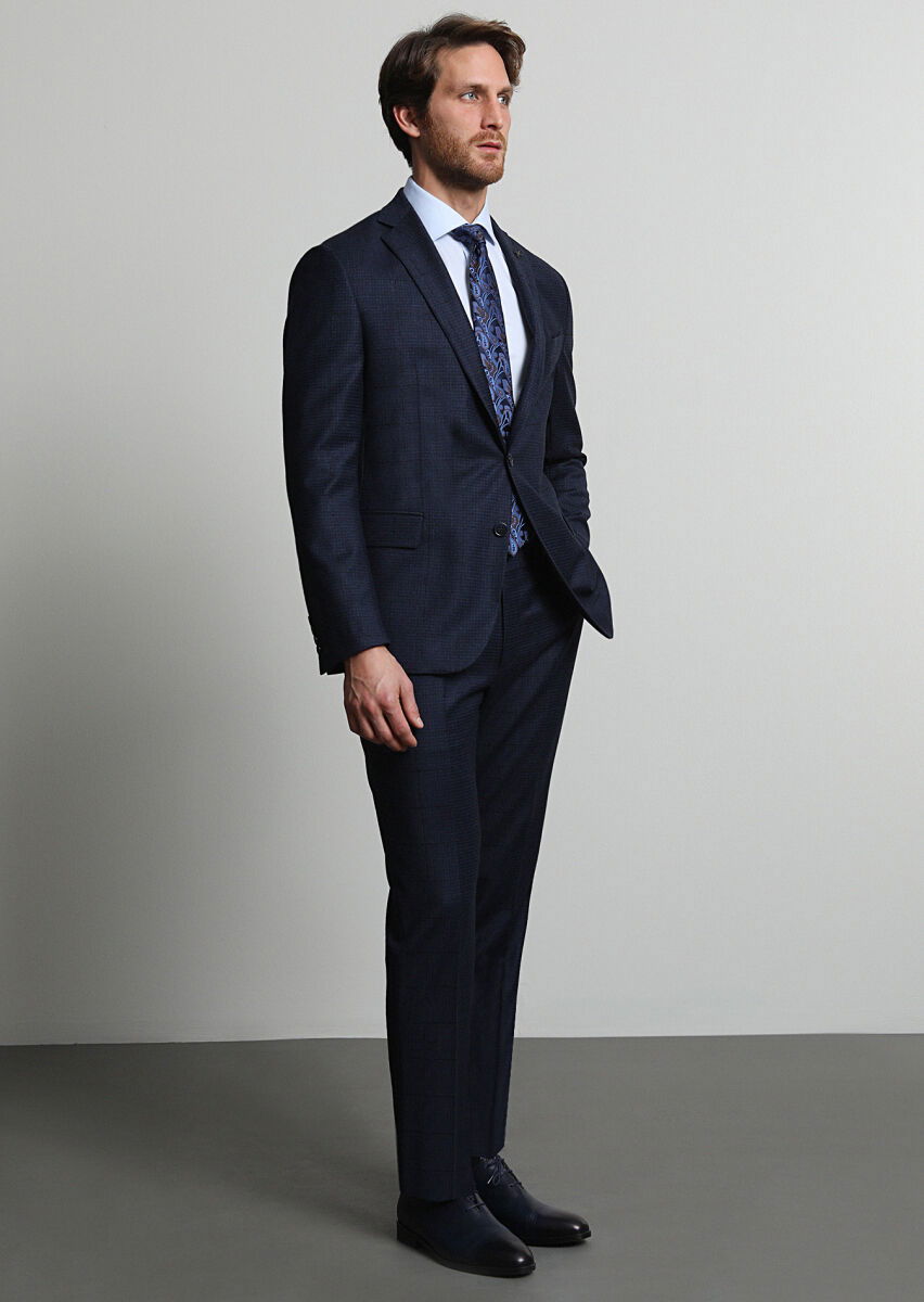 Lacivert Kareli Zeroweight Slim Fit %100 Yün Takım Elbise - 1