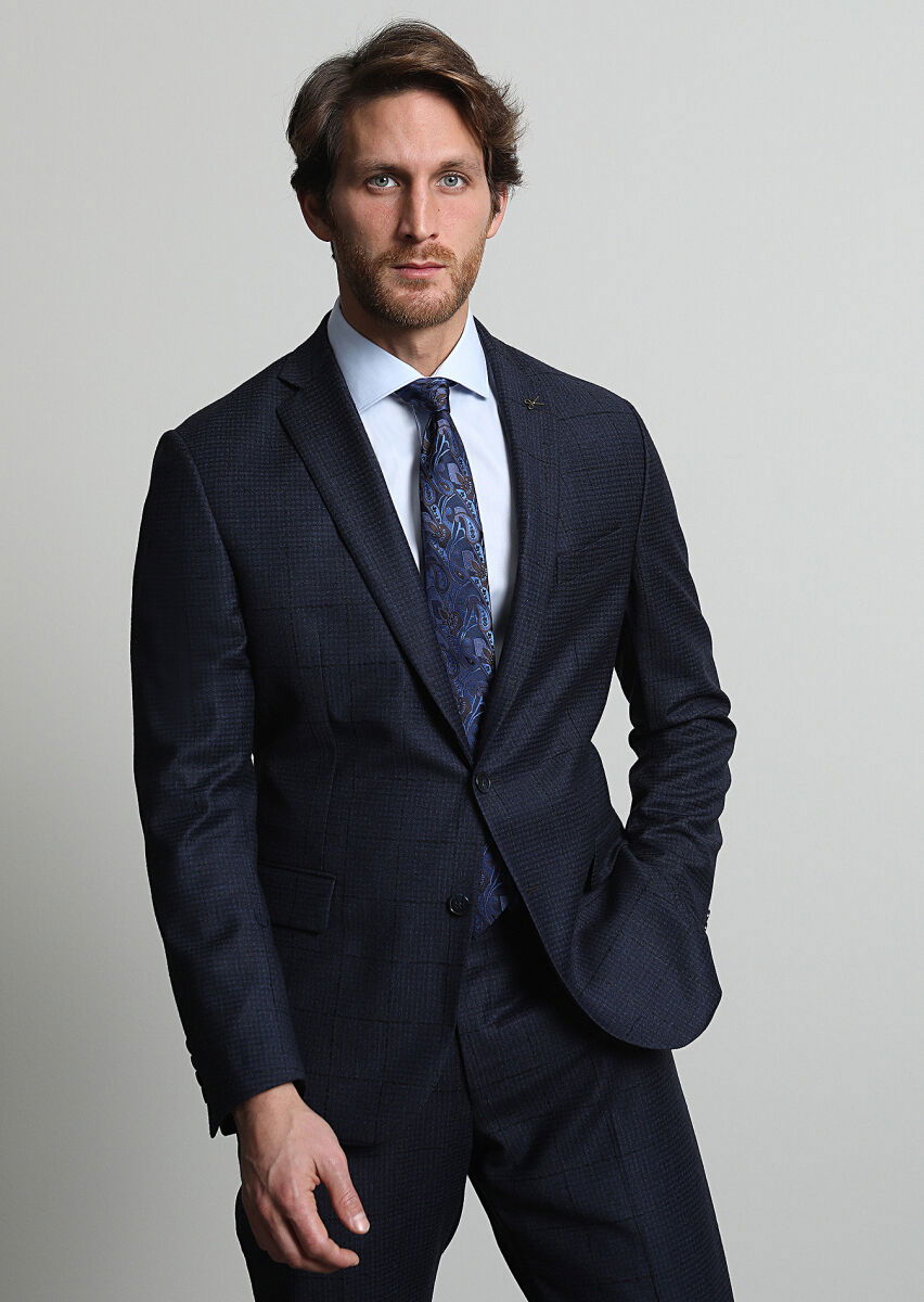 Lacivert Kareli Zeroweight Slim Fit %100 Yün Takım Elbise - 3