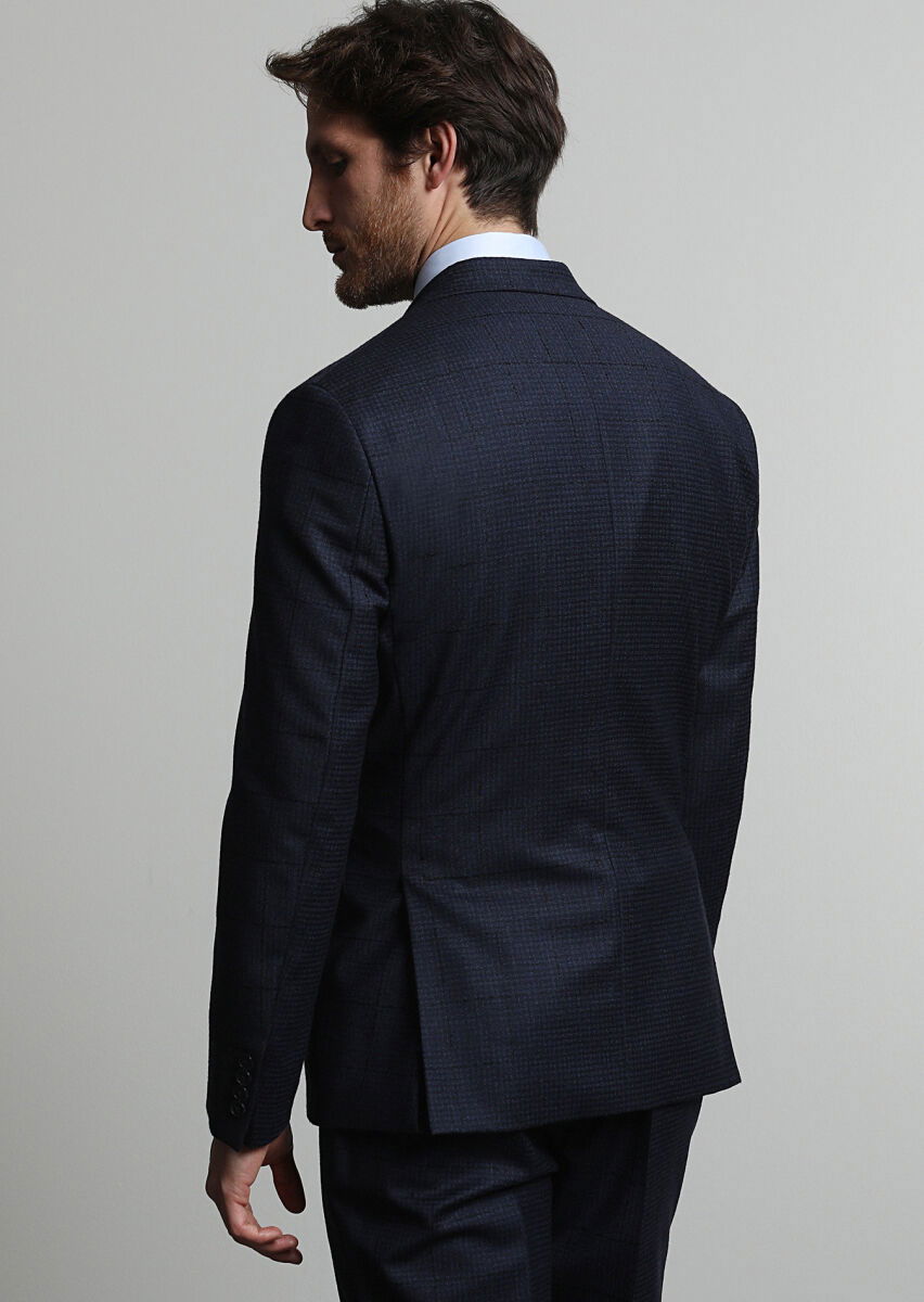Lacivert Kareli Zeroweight Slim Fit %100 Yün Takım Elbise - 4