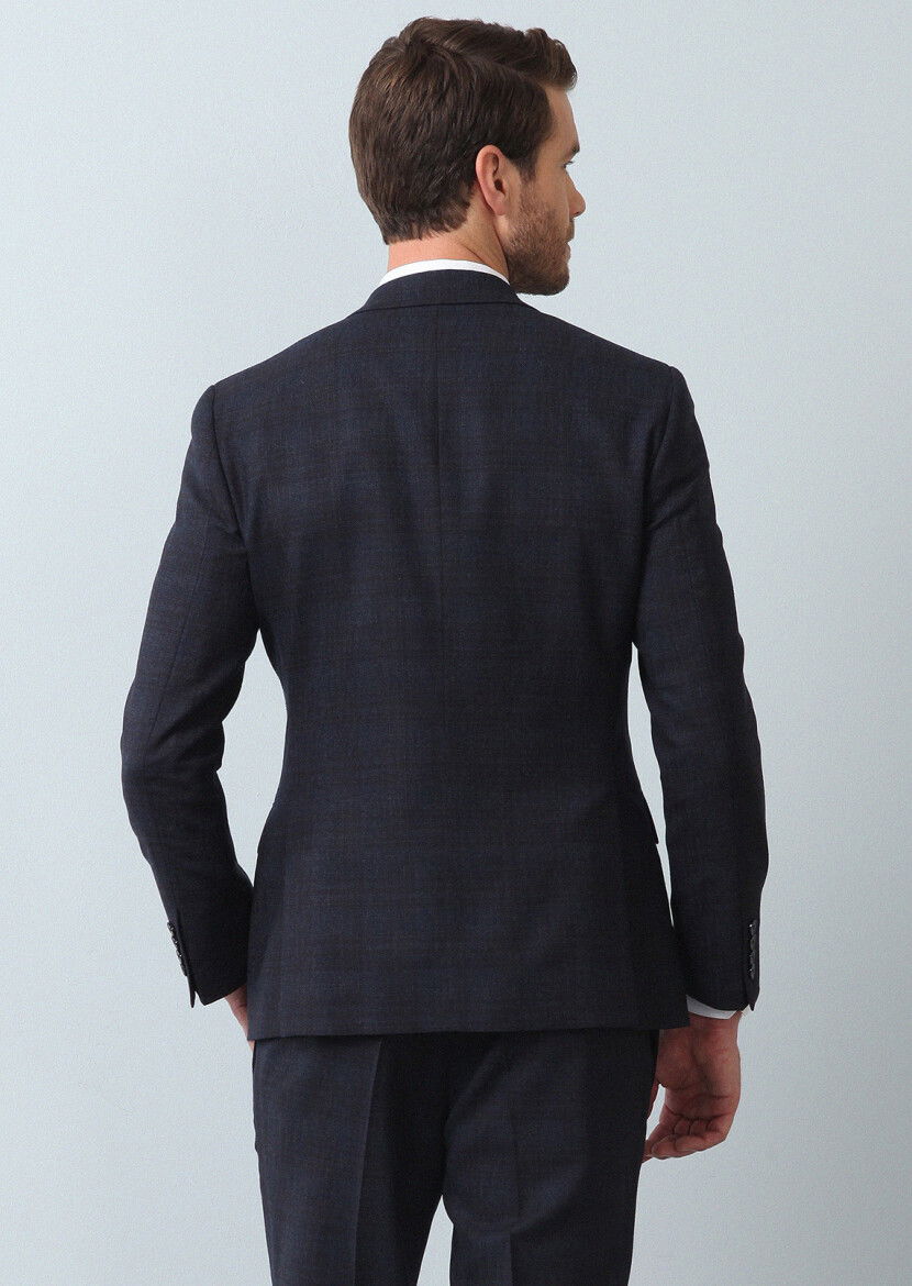 Lacivert Kareli Zeroweight Slim Fit %100 Yün Takım Elbise - 5