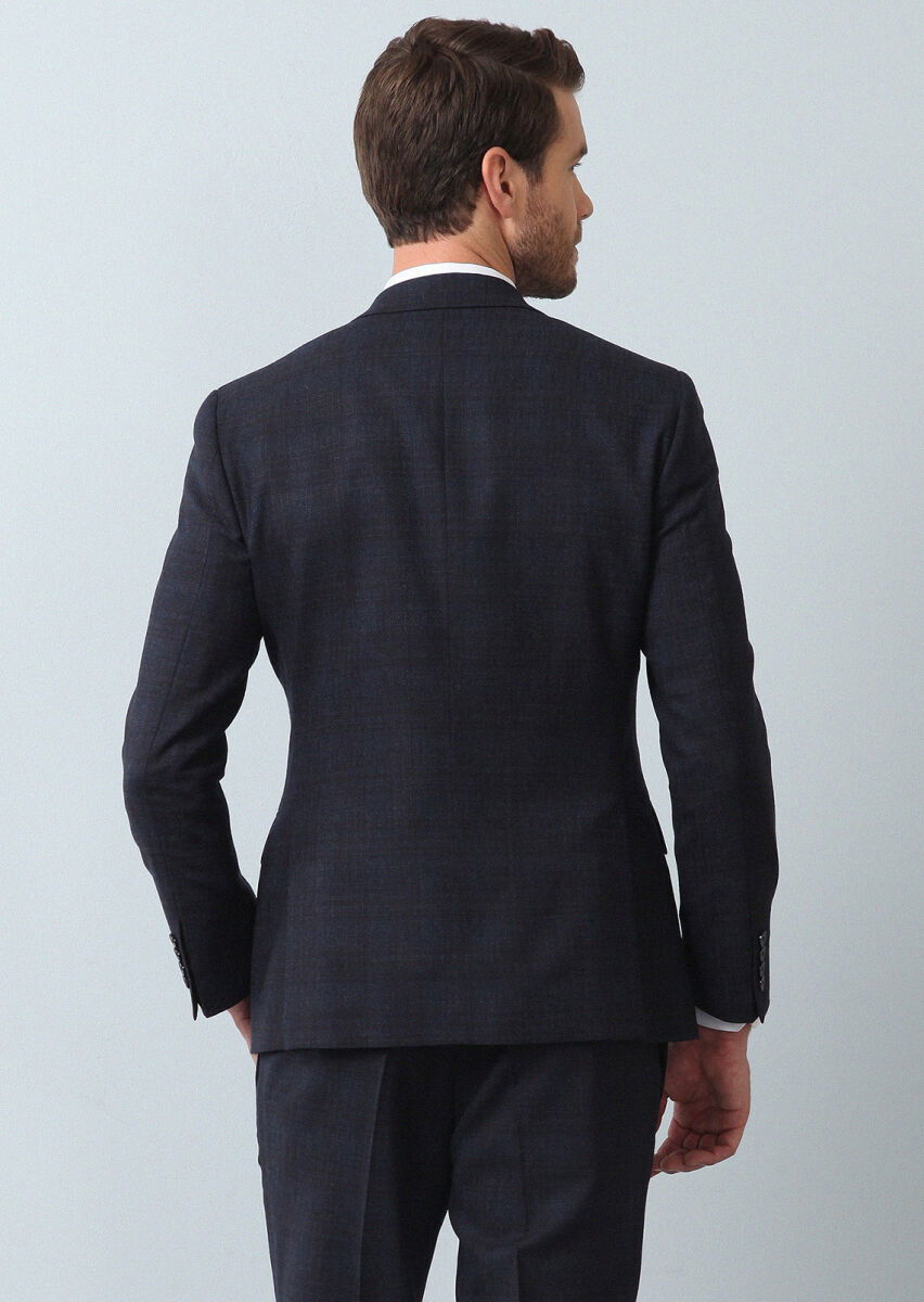 Lacivert Kareli Zeroweight Slim Fit %100 Yün Takım Elbise - 5