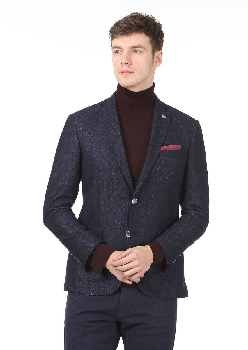 Lacivert Kareli Zeroweight Slim Fit Yün Karışımlı Örme Ceket - 1