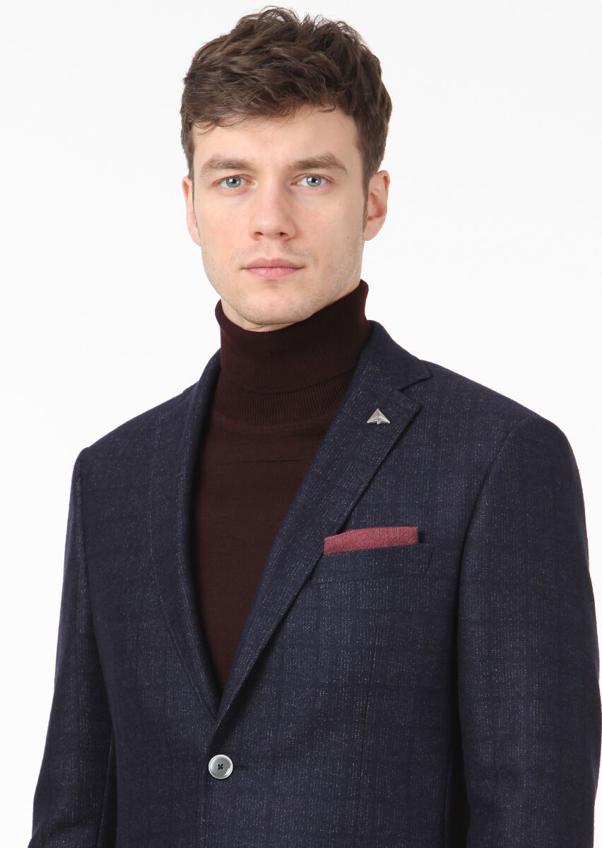 Lacivert Kareli Zeroweight Slim Fit Yün Karışımlı Örme Ceket - 2
