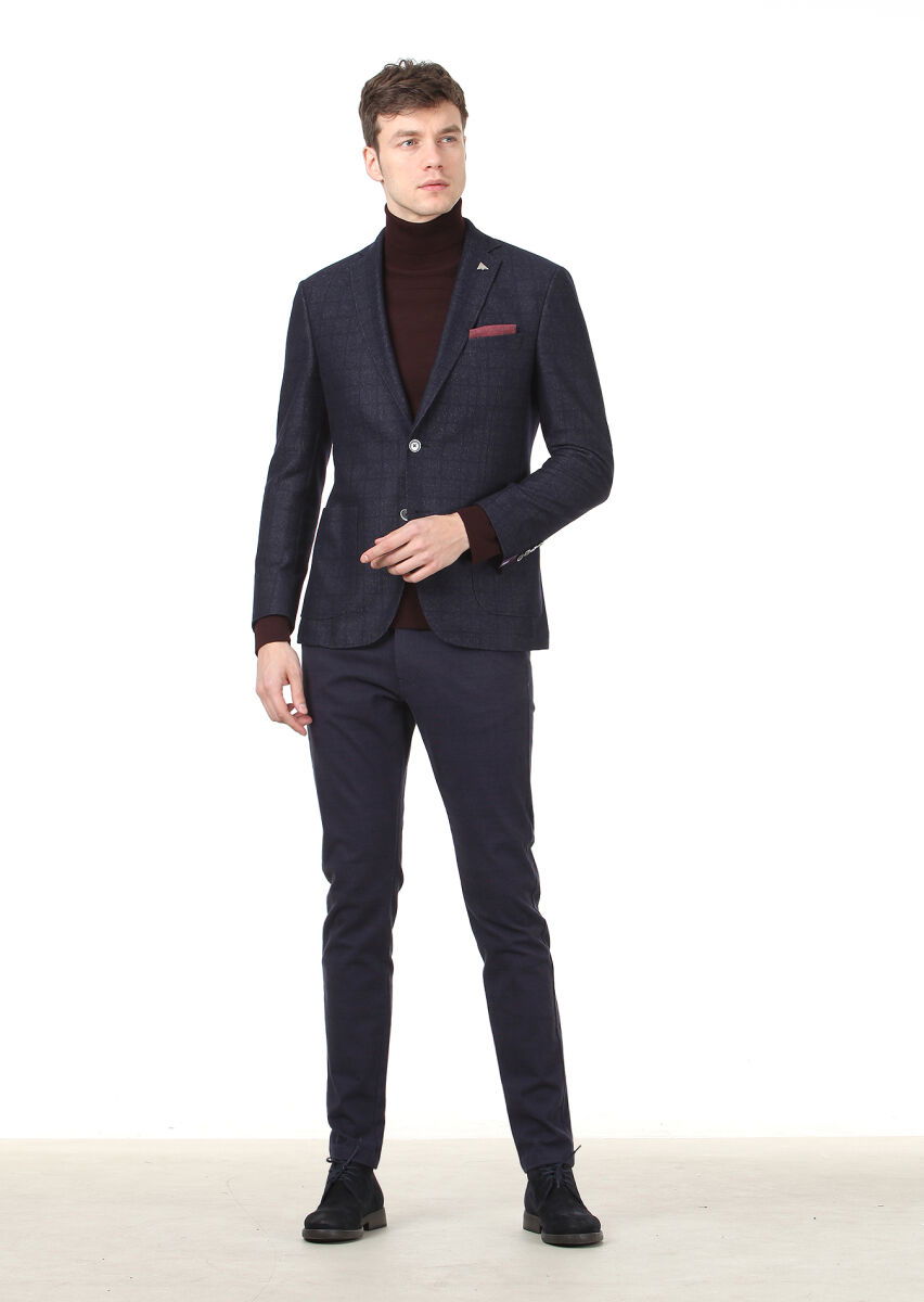 Lacivert Kareli Zeroweight Slim Fit Yün Karışımlı Örme Ceket - 3