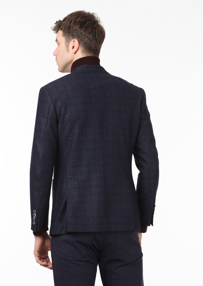 Lacivert Kareli Zeroweight Slim Fit Yün Karışımlı Örme Ceket - 4