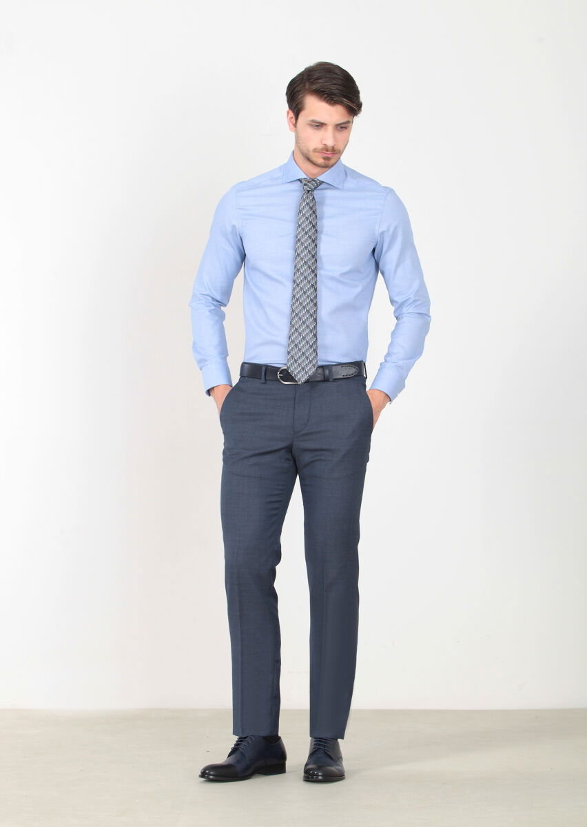 Lacivert Mikro Dokuma Modern Fit Klasik %100 Yün Pantolon - 2