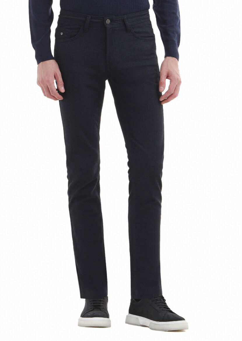 Lacivert Mikro Dokuma Slim Fit Casual Pamuk Karışımlı Pantolon 