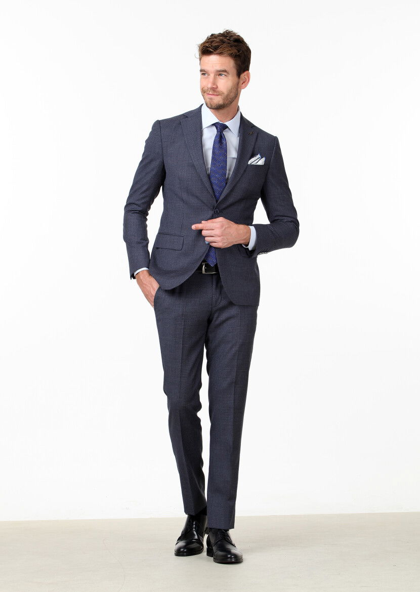 Lacivert Mikro Modern Fit %100 Yün Takım Elbise - 1