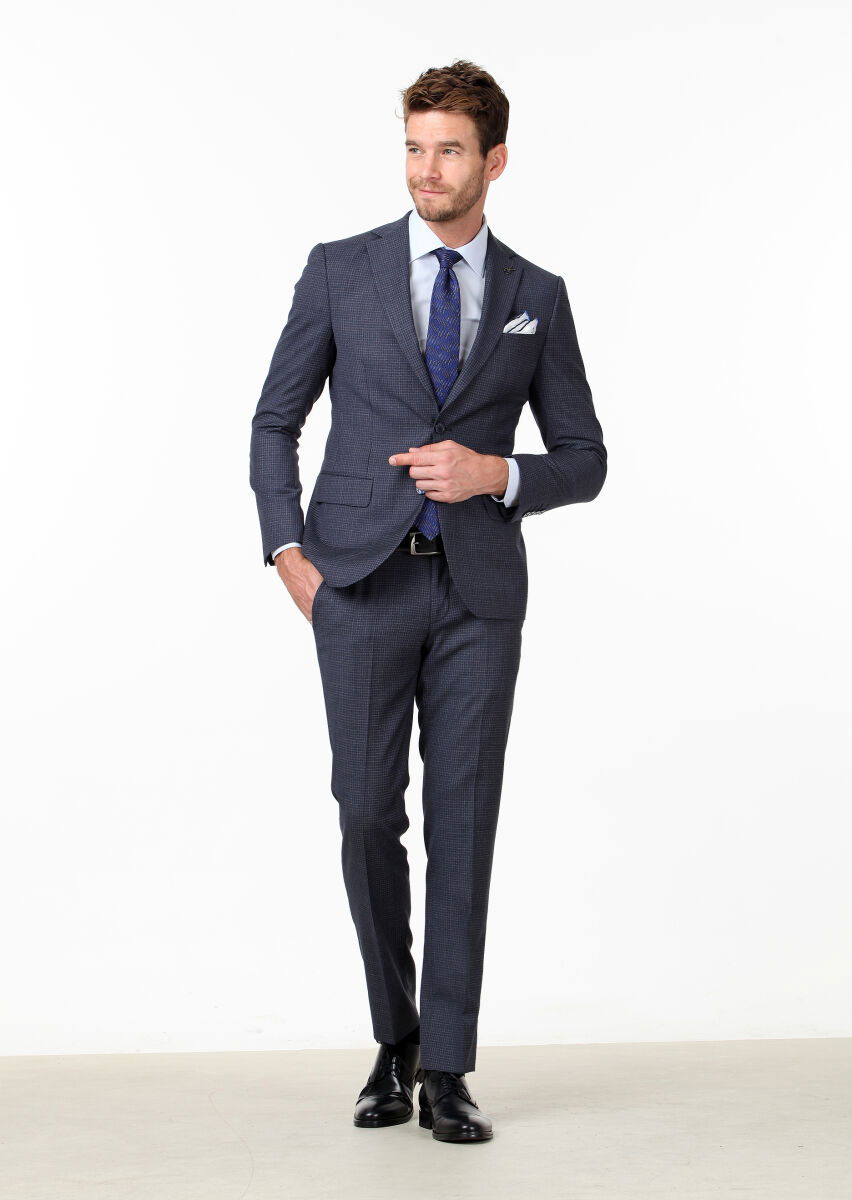 Lacivert Mikro Modern Fit %100 Yün Takım Elbise - 1