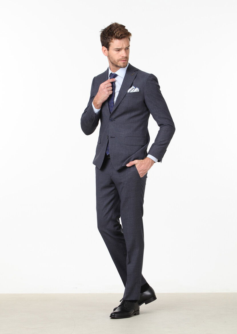 Lacivert Mikro Modern Fit %100 Yün Takım Elbise - 3
