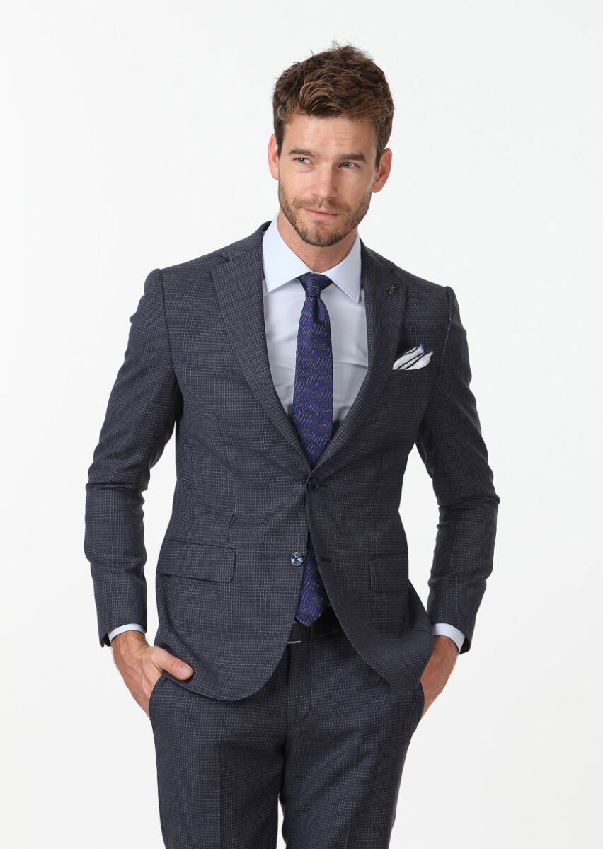 Lacivert Mikro Modern Fit %100 Yün Takım Elbise - 4