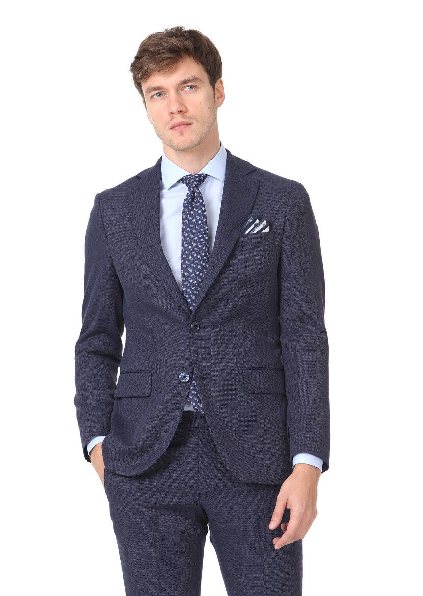Lacivert Mikro Modern Fit Yün Karışımlı Takım Elbise - 1