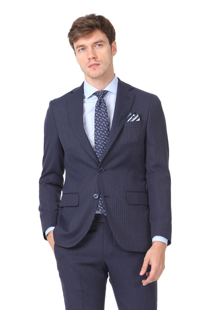 Lacivert Mikro Modern Fit Yün Karışımlı Takım Elbise - 1