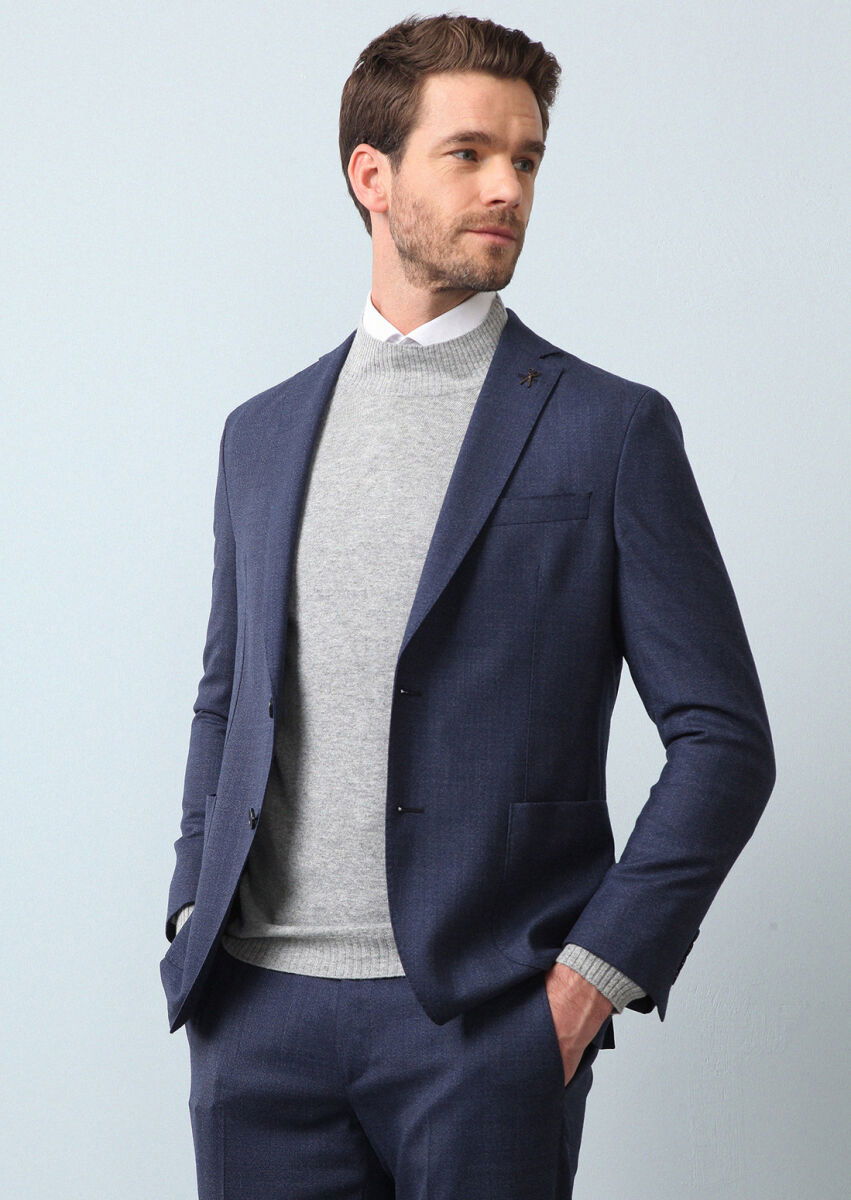 Lacivert Mikro Shirt Shoulder Slim Fit Ekolojik Çevre Dostu %100 Yün Takım Elbise - 1