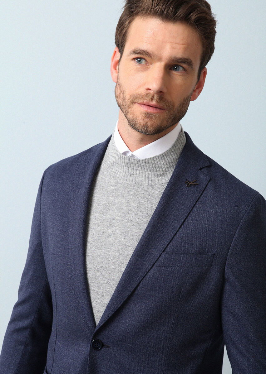 Lacivert Mikro Shirt Shoulder Slim Fit Ekolojik Çevre Dostu %100 Yün Takım Elbise - 2