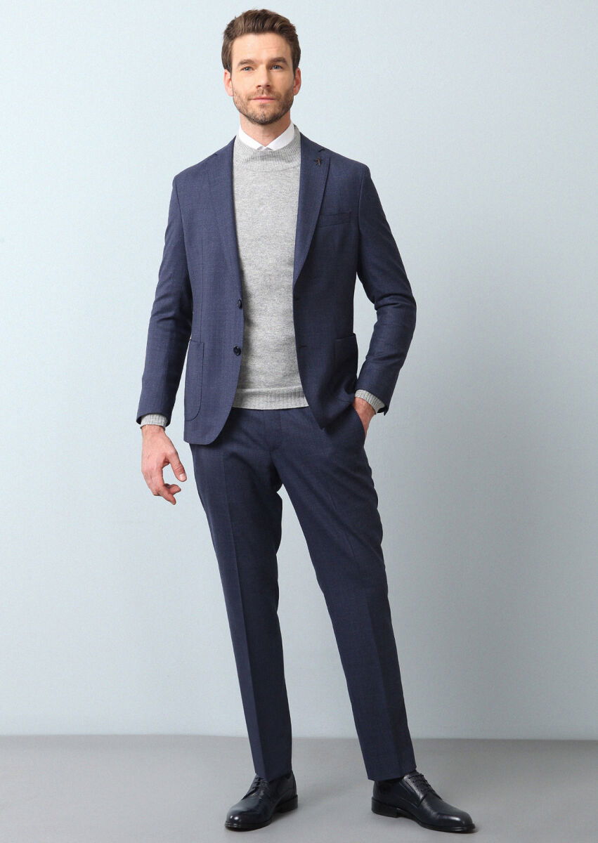 Lacivert Mikro Shirt Shoulder Slim Fit Ekolojik Çevre Dostu %100 Yün Takım Elbise - 3