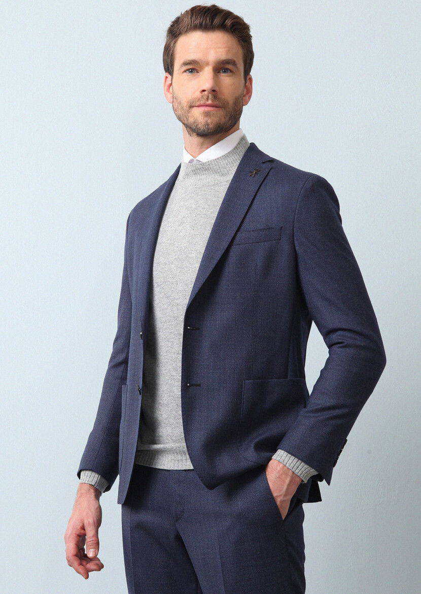 Lacivert Mikro Shirt Shoulder Slim Fit Ekolojik Çevre Dostu %100 Yün Takım Elbise - 4