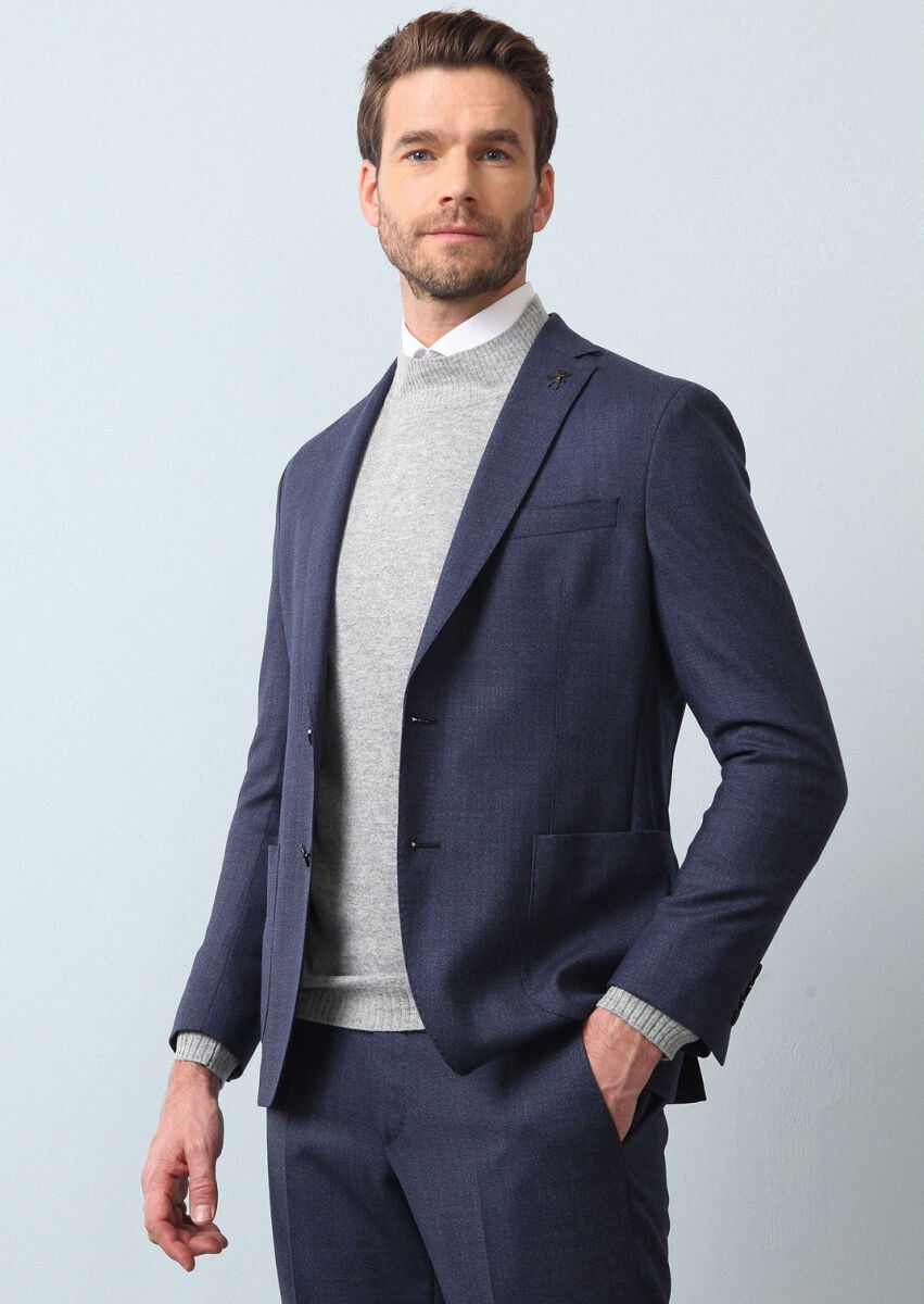 Lacivert Mikro Shirt Shoulder Slim Fit Ekolojik Çevre Dostu %100 Yün Takım Elbise - 4
