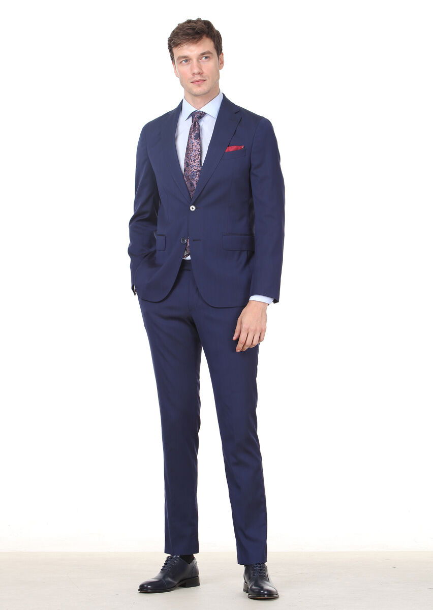 Lacivert Mikro Shirt Shoulder-slim Fit Yün Karışımlı Takım Elbise - 2